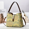 Borsa a secchiello retrò da donna con broccato floreale verde e cinturini in pelle marrone - 24cmx12cmx20cm / Verde
