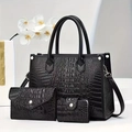 Schwarzes Taschen-Set mit Kroko-Prägung, Shopper, Envelope-Clutch und Geldbörse - Schwarz