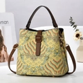 Elegante borsa ricamata gialla con motivi a nuvola tradizionali e pelle marrone - Verde / 19*12*19CM