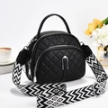 Black quilted semi-round crossbody bag with stylish geometric pattern wide strap - Black