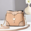 Beige pleated shoulder bag for women with gold rabbit pendant and chain strap - Khaki
