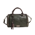 Vintage dark green Boston pillow bag with soft leather texture and cat tassel charm - Green