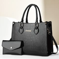Polished black crocodile embossed tote bag with matching envelope pouch on white background - 31*13*25CM / Black