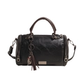 Black Boston handbag in lychee texture leather with vintage tassel cat pendant - Black