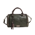Dark green vintage barrel handbag in soft leather with tassel and cat charm - Green