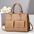 Borsa a mano in pelle litchi marrone con hardware dorato e doppi manici da donna - Cachi Chiaro