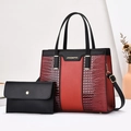 Red and black two-piece tote bag set with crocodile texture and gold hardware details - Burgundy