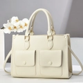 Elegante borsa tote bianca crema in pelle martellata con doppie tasche frontali - Bianco