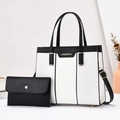 Elegant black and white contrast tote bag set with crocodile texture and gold hardware - White