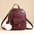 Burgundy faux leather backpack for women with leaf vein texture and white plush charm - 27*14.5*31CM / Red