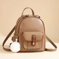Brown faux leather backpack with geometric texture and plush ball charm for women - 27*14.5*31CM / Khaki