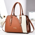 Two-tone brown and cream leather crossbody bag with gold logo and dual top handles - 32x23x14cm / Earthy Yellow