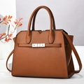 Brown lychee leather handbag with silver lock and shoulder strap on minimalist background - 30*14.5*23.5CM / Khaki/Earth Yellow