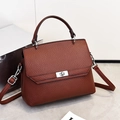 Deep brown lychee pattern leather handbag with silver twist lock and crossbody strap - 24*11*20CM / Brown