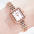 Elegant rose gold square watch for women with sparkling crystal indices and metal link band - Rose Gold Case White Dial