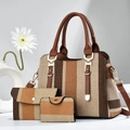 Three-piece set featuring large striped tote bag, matching wallet, and coin purse - Brown Beige Tan Multicolor Striped 3-Piece Set (Style 3)