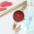Women's minimalist rose gold mesh watch with deep red sunburst dial and date window - Red