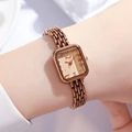 Women's rose gold square watch with crystal markers and woven metal bracelet - Brown Case Brown Dial