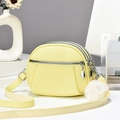 Bright yellow quilted crossbody bag with three zipper layers and plush ball charm - 19*7*15CM / Beige