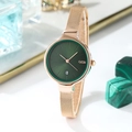 Women's minimalist rose gold mesh watch with deep green dial and date display - Green
