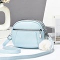 Light blue three-layer crossbody bag with lychee texture and white pompom charm - 19*7*15CM / Sky Blue
