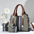 Three-piece women handbag set with vertical stripes and stylish brown leather straps - Blue Gray