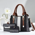 Set borse in tela a tre pezzi con motivi a strisce e manici in ecopelle marrone - Nero & Bianco