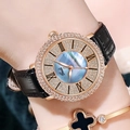 Gedi women's rose gold watch with blue mother of pearl dial and black leather strap - Rose Gold Case Blue Dial Black Strap