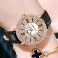 Gedi fashion watch with black leather strap, mother of pearl dial and crystal bezel - Rose Gold Case White Dial Black Strap