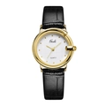 Women's quartz watch with gold round case and black crocodile-embossed leather strap - Black Band Gold Case White Dial