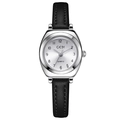 Elegant vintage tonneau women's silver watch with black leather strap and quartz dial - Silver Case White Dial Black Strap