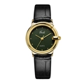 Gedi quartz watch for women with dark green dial and black crocodile leather strap - Black Band Gold Case Green Dial