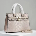 Elegant pale pink snakeskin embossed handbag with golden lock and detachable strap - Khaki