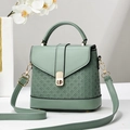 Sage green woven PU leather crossbody bag with top handle and golden twist lock - Green