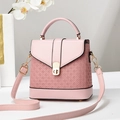 Pink woven PU leather crossbody bag with top handle and gold twist lock for women - Pink