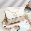 Chic women's crossbody bag with pearl cat pendant and jacquard strap for holiday gift - Khaki