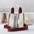 Grande borsa tote in tela a righe grigie e tracolla in fettuccia color bordeaux - Piccolo / Bianco con Blu