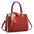 Elegant deep red and pink patchwork handbag with wave texture and floral silk scarf - Burgundy