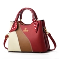 Three-color patchwork handbag in red and brown leather with silk scarf handle wrap - Burgundy