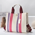 Large capacity canvas tote bag with red stripes and leather handles for women - Large / White and Purple