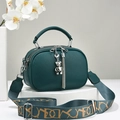 Dark green lychee texture leather handbag with wide patterned strap and bear pendant - Green