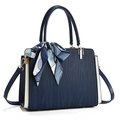 Navy blue large capacity tote bag with off-white panels and decorative silk scarf accessory - Blue