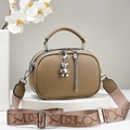 Khaki pebbled leather handbag with double zippers, bear charm, and geometric wide strap - Khaki
