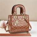 Brown patent leather handbag with quilted stitching and metallic VST alphabet charm - Brown