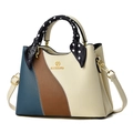 Three-color stitched leather tote with blue brown and white panels and silk scarf - Off-white