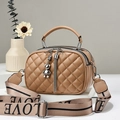 Brown quilted crossbody bag with silver bear charm and LOVE letter strap - Khaki