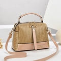 Glossy crocodile texture crossbody pillow bag with top handle in beige leather - Khaki