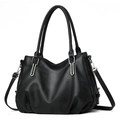 Classic black pebbled PU leather handbag with dual handles and adjustable shoulder strap - Black