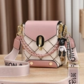 Pink and cream contrast crossbody bag with quilted stitch pattern and bear charm - Pink