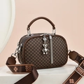 Bruine vintage handtas met ruittextuur, dubbele rits en gebloemde brede riem - Grote Muur Patroon / Koffie